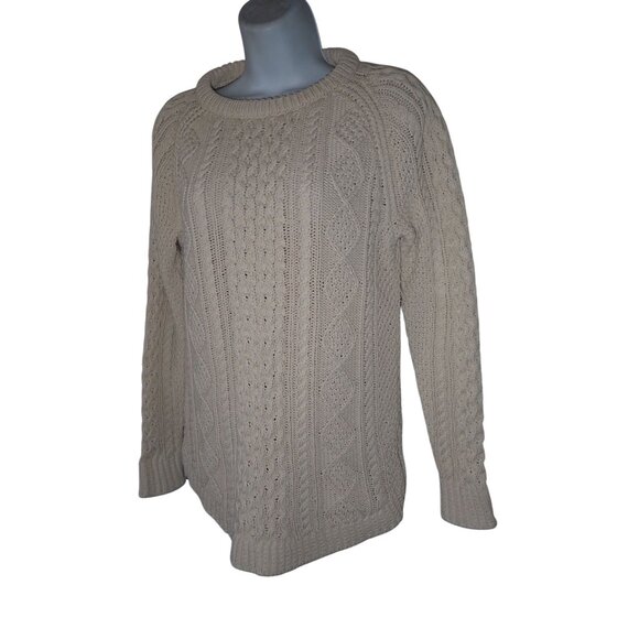 LL Bean Signature Tunic Fisherman Sweater XS Cream Cable Knit Side Zip Crewneck - Picture 2 of 6